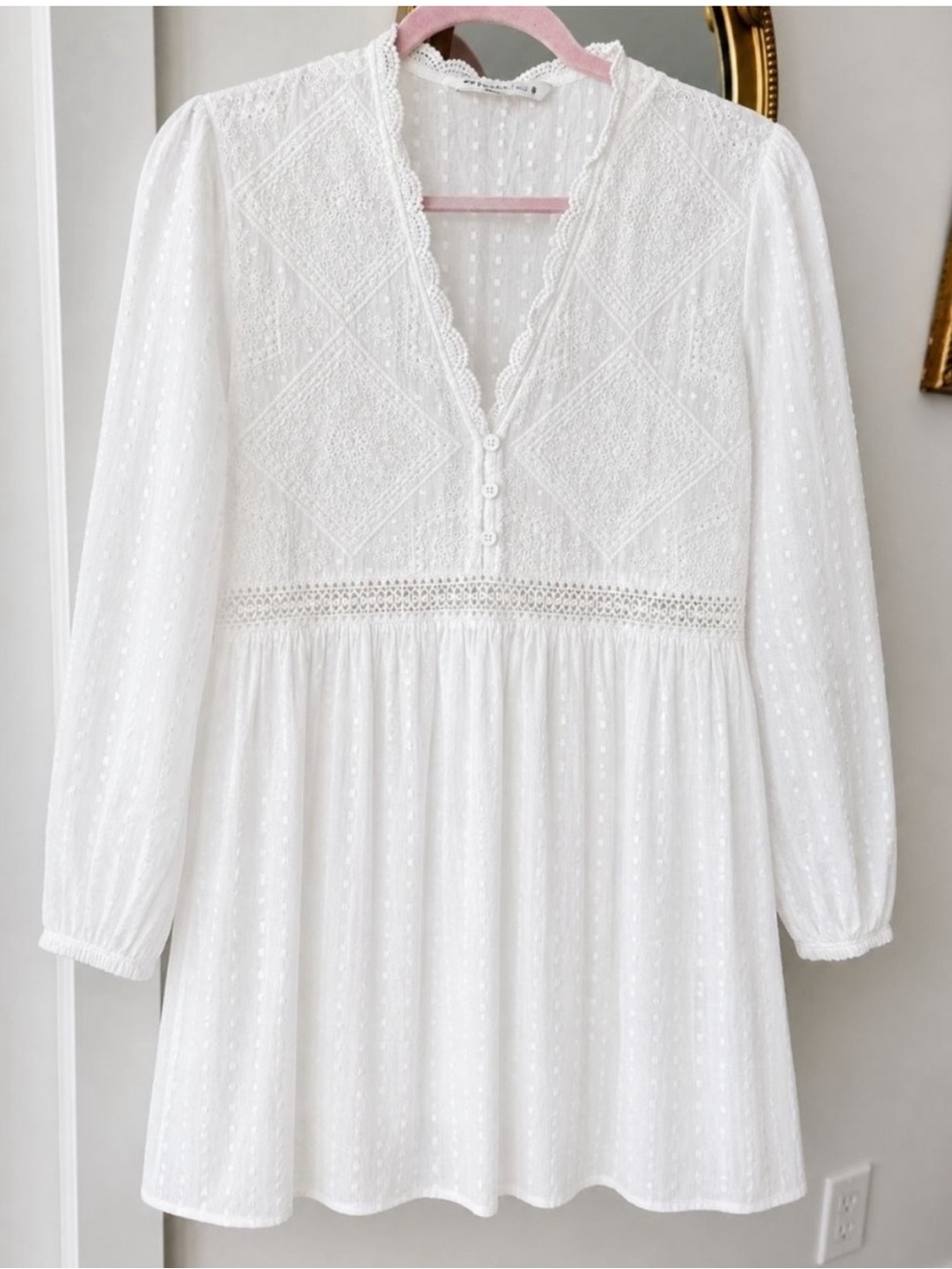 Zara Size Small White Swiss Dot Lace Cotton Embroidered Peasant Boho Dress